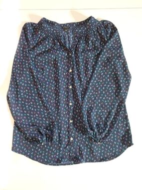 Talbots Med Navy Button-Front Top with Multicolor Anchor Motif Nautical Beach
